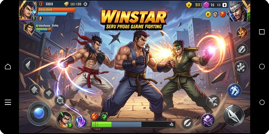Screenshot <strong>WINSTAR</strong> menampilkan aksi pertarungan yang intens dan karakter beragam.